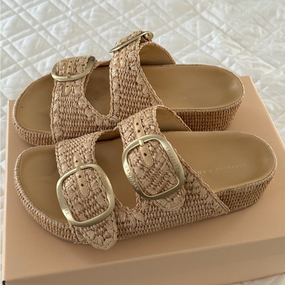 Loeffler Randall Tan Sandals with Gold Buckles - Picture 3 of 4